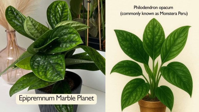 Epipremnum Marble Planet vs Monstera Peru comparison showing real Epipremnum Marble Planet on the left and AI-generated Philodendron opacum (commonly known as Monstera Peru) on the right.