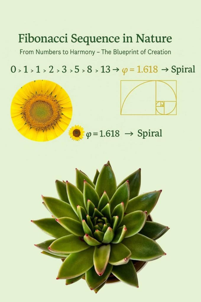 Fibonacci sequence explained in nature infographic showing golden ratio and spiral growth pattern in sunflower and succulent.