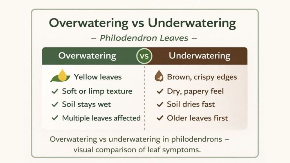 Overwatering vs underwatering comparison showing why philodendron leaves turning brown or yellow