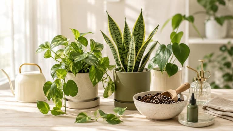 Houseplant care for beginners: easy starter plants with a watering can, soil and plant food on a sunny table