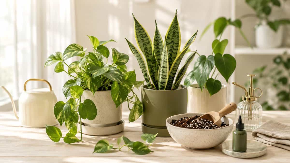 Houseplant care for beginners: easy starter plants with a watering can, soil and plant food on a sunny table