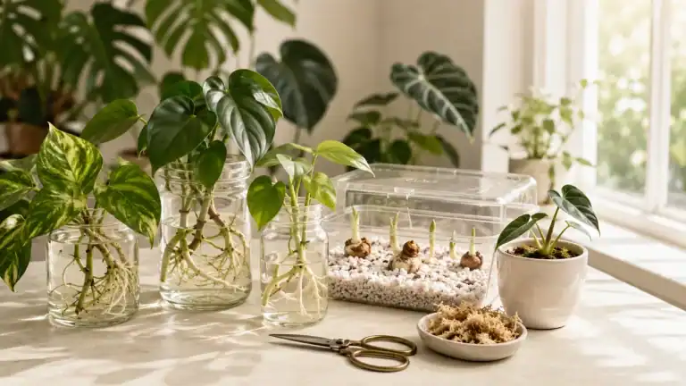 Houseplant propagation cuttings rooting in water, multiplying houseplants for free