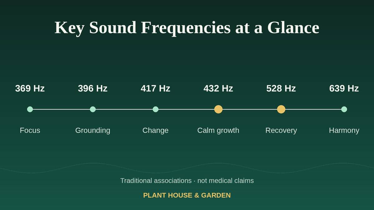 Key sound frequencies for plants chart, 369 to 639 Hz at a glance