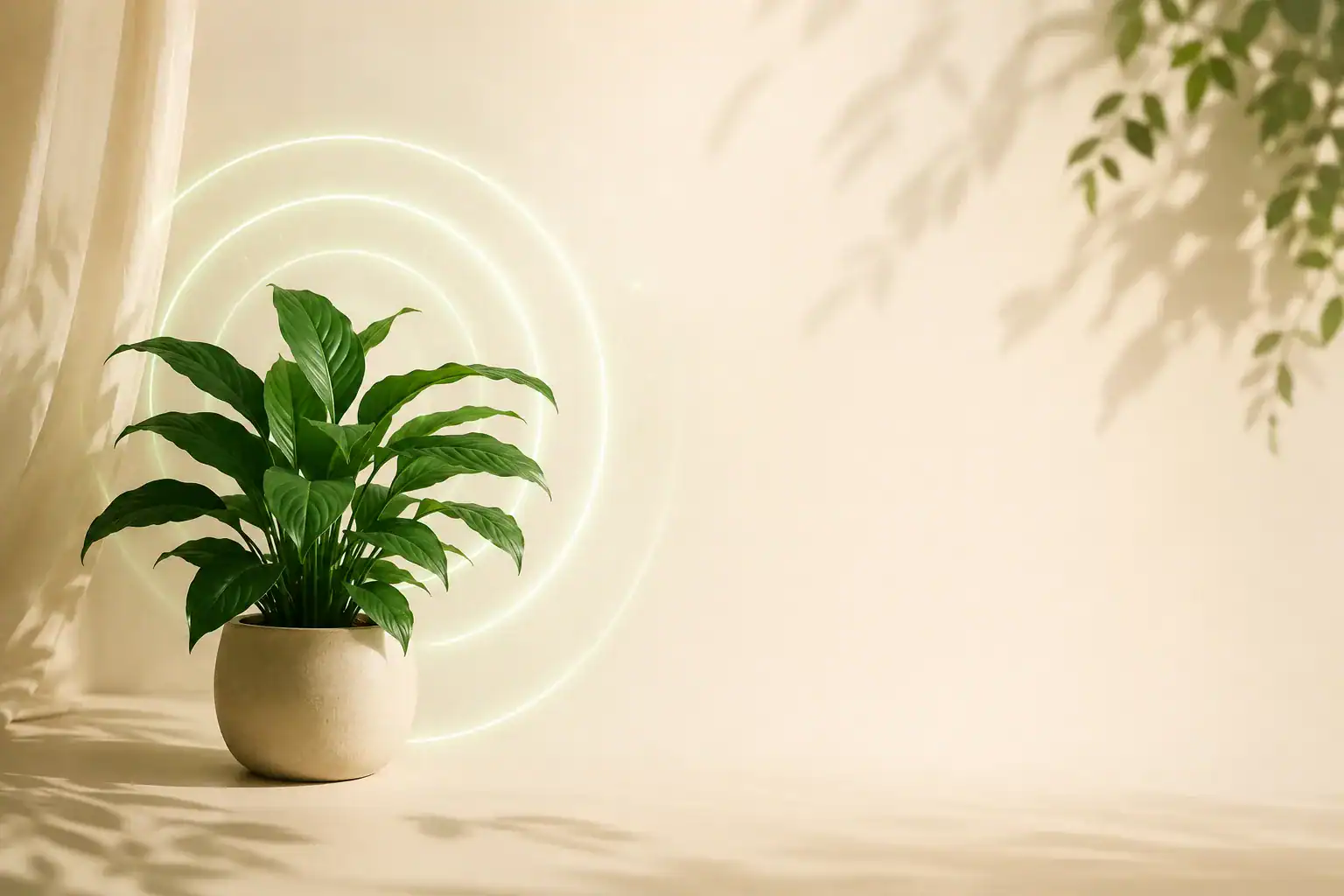 Plant sound therapy for houseplants - green peace lily surrounded by healing sound frequency waves