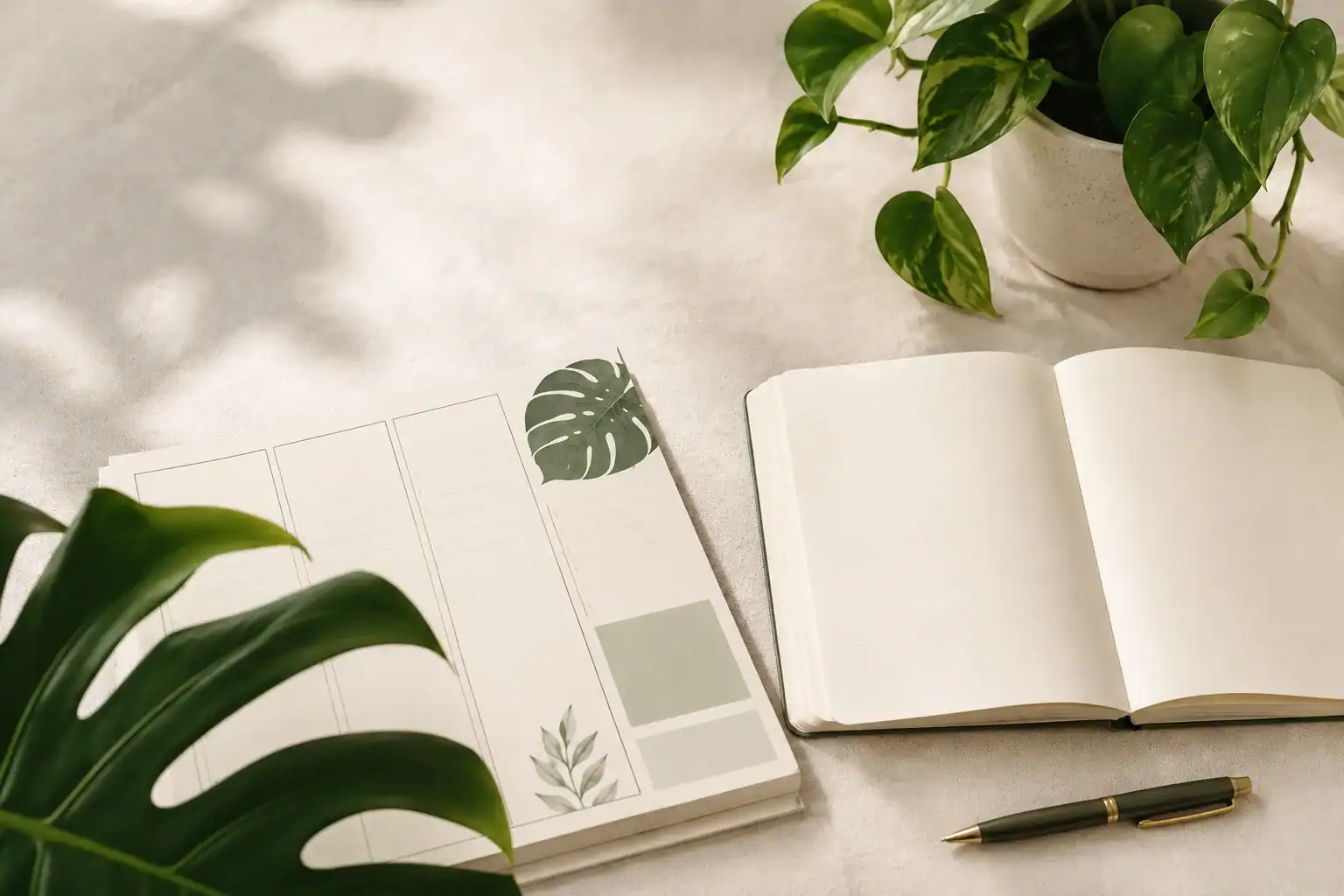 Printable plant care planners and journals flat lay with a houseplant