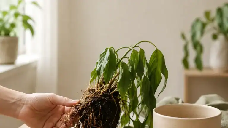 Houseplant with root rot being lifted from its pot, roots exposed