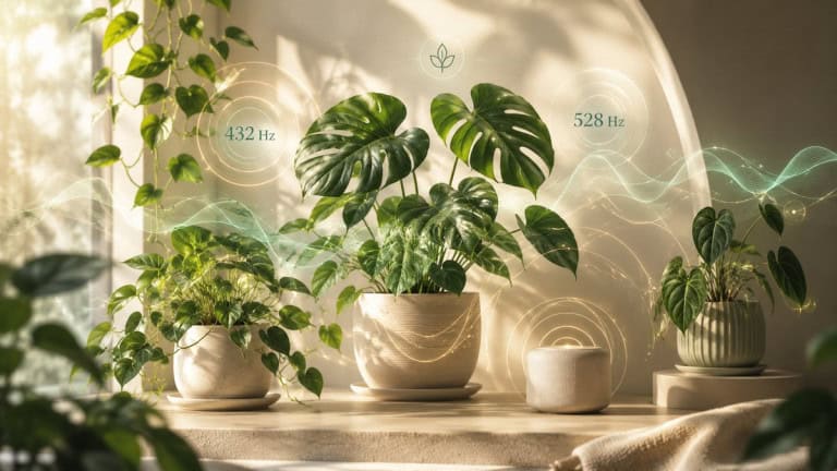 Sound frequencies for plants and people: houseplants by a sunny window with 432 Hz and 528 Hz sound waves