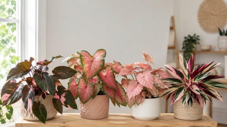 Rare pink houseplants including a Philodendron Pink Princess, pink Caladium, pink Syngonium and Stromanthe Triostar