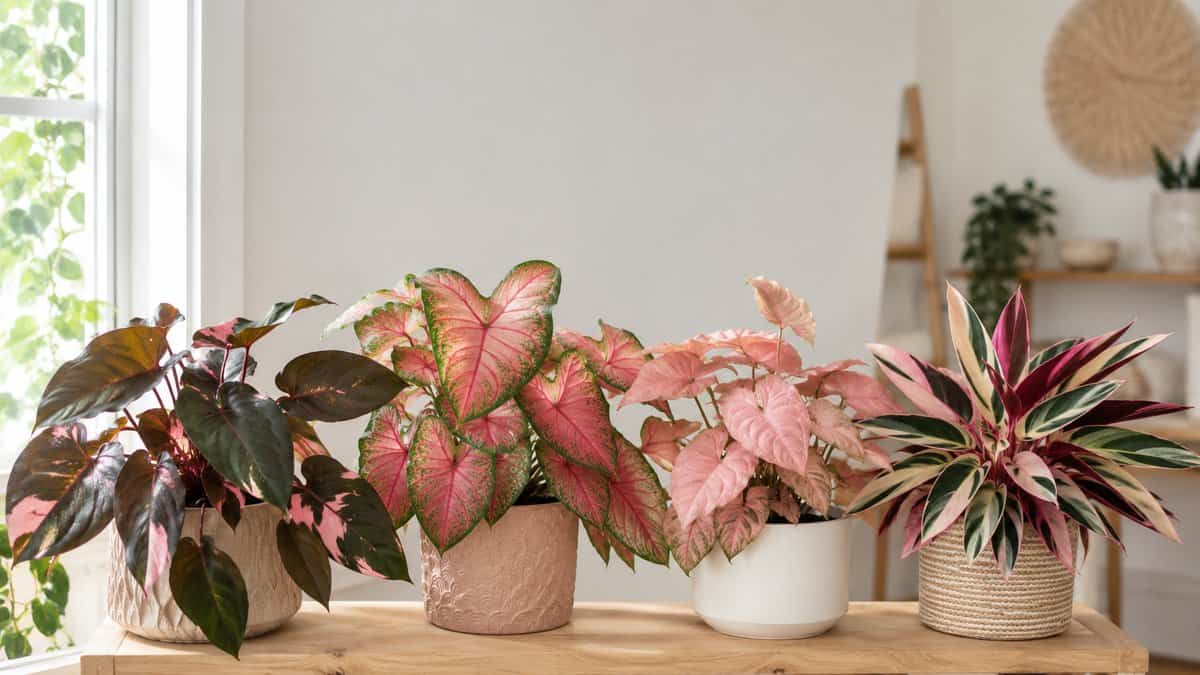 Rare pink houseplants including a Philodendron Pink Princess, pink Caladium, pink Syngonium and Stromanthe Triostar