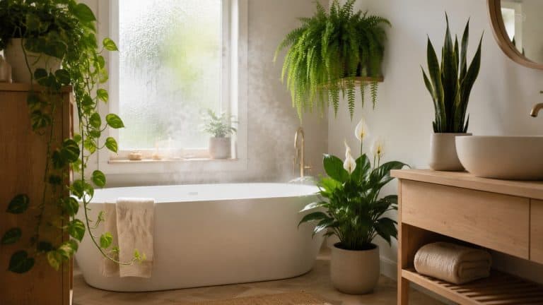 bathroom plants: humidity-loving houseplants styled in a bright bathroom