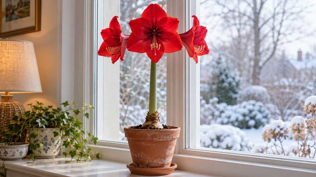 amaryllis not blooming guide: red amaryllis in bloom by a winter window
