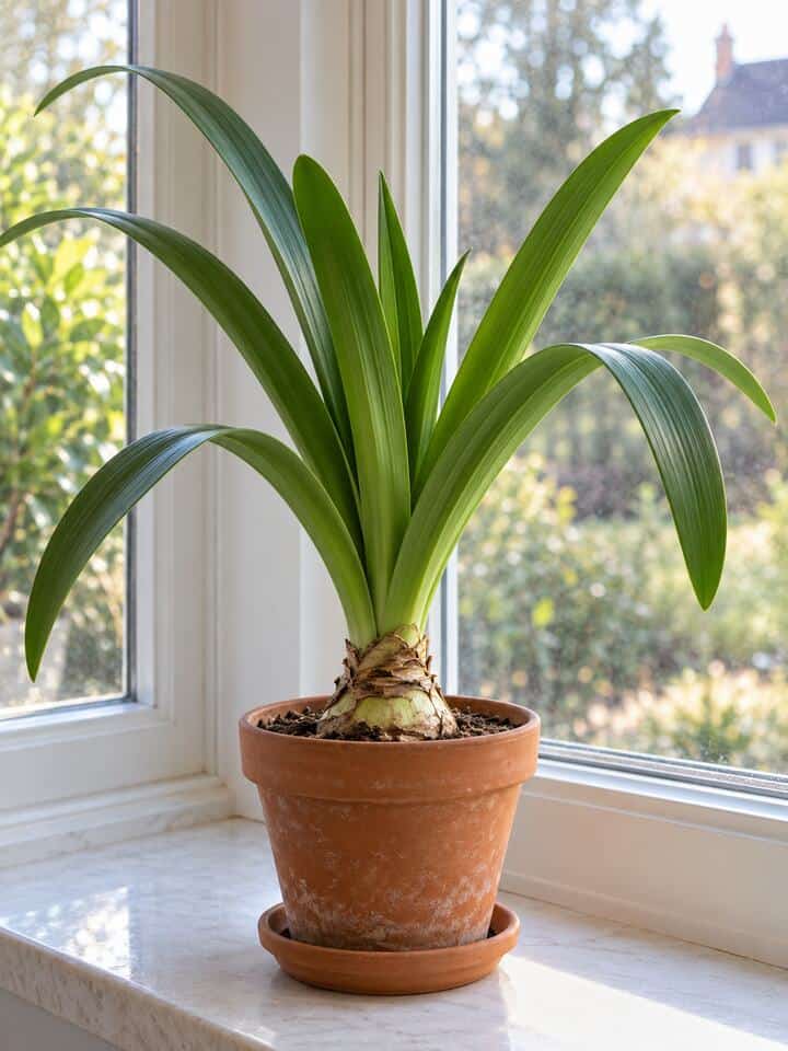 amaryllis not blooming, only growing long green leaves in a pot