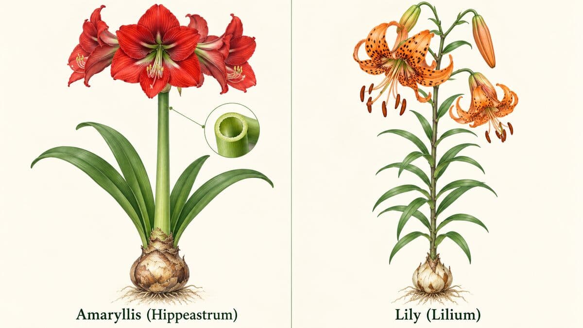 amaryllis vs lily: thick leafless amaryllis stalk next to a leafy lily stem