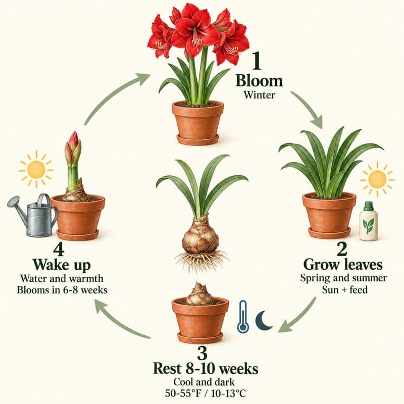 amaryllis yearly cycle to rebloom: bloom, grow leaves, rest 8 to 10 weeks, wake up