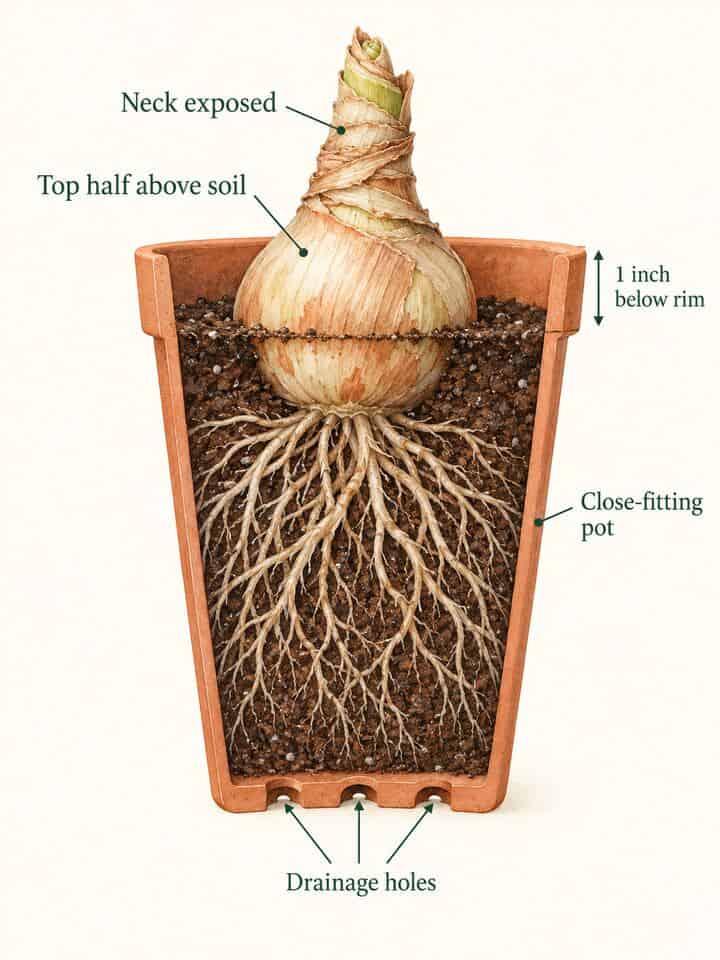 how to plant an amaryllis bulb with the top half above the soil